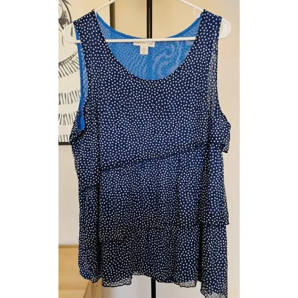 1X Coldwater Creek Blue And White Polkadot Layered Ruffles Sleeveless Blouse. 18 - Picture 11 of 16